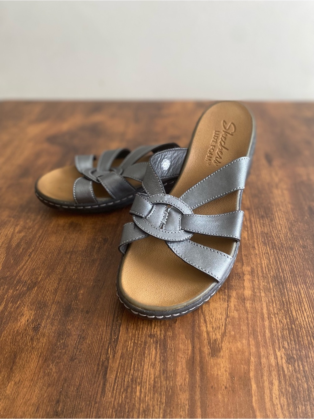 Skechers Women's Pewter Braided Band Slide Sandals
